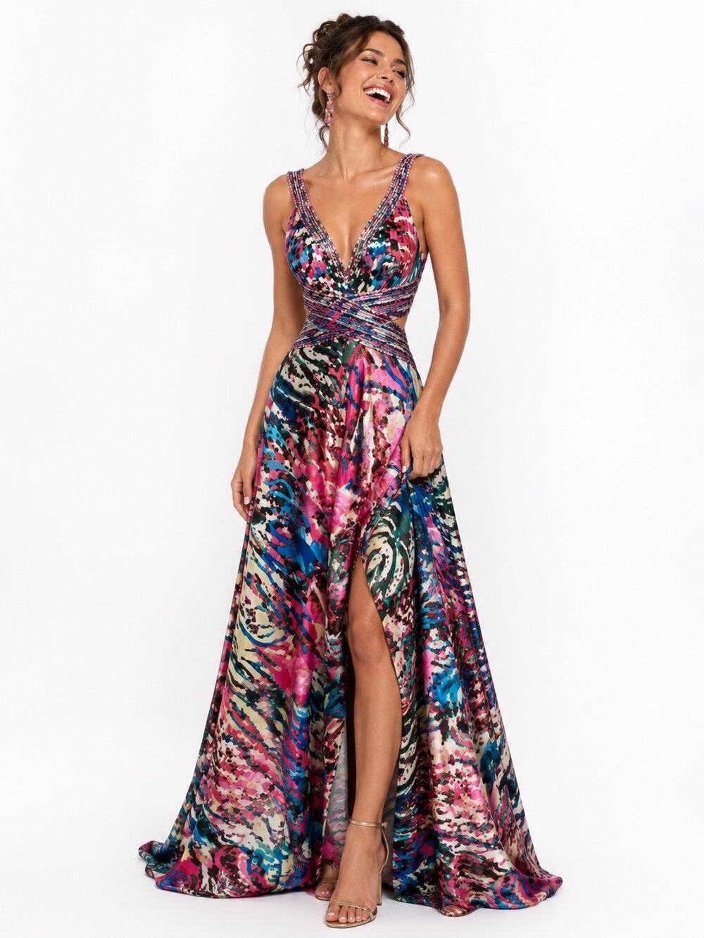 Vintage Cache Multicolor Party Burst Vibrant Dress Cutout Sides Beaded Size 6